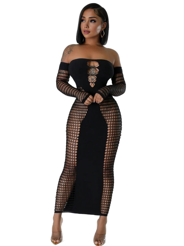 KIZOIEJE Stunning Hollow Out Long Sleeve Bodycon Maxi Dress for Women, Sexy Elegant Mesh Sheer Party Dress for Club(Black - One Size)