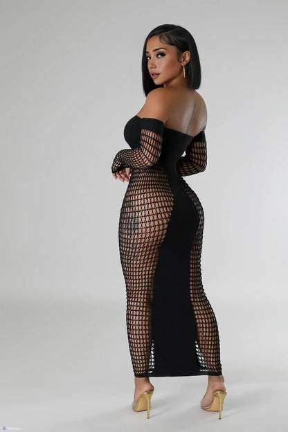 KIZOIEJE Stunning Hollow Out Long Sleeve Bodycon Maxi Dress for Women, Sexy Elegant Mesh Sheer Party Dress for Club(Black - One Size)