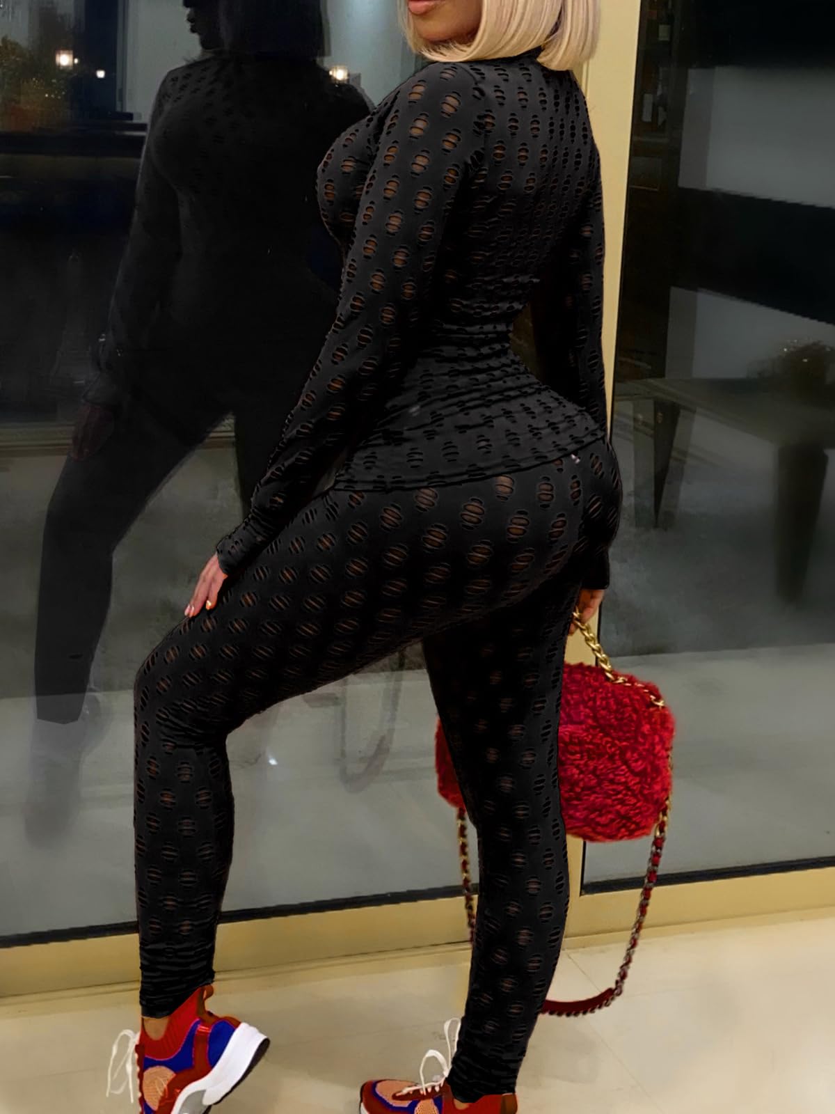 Mojessy Sexy 2 Piece Outfits for Women Clubwear Hollow Out Long Sleeve Crop Top Bodycon Pants Set Birthday Outfits Black L