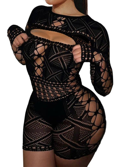 Sesiwadbe Woman Lingerie Bodysuit Fishnet Bodystocking Sexy Tights Bodycon Jumpsuit (Black,M)