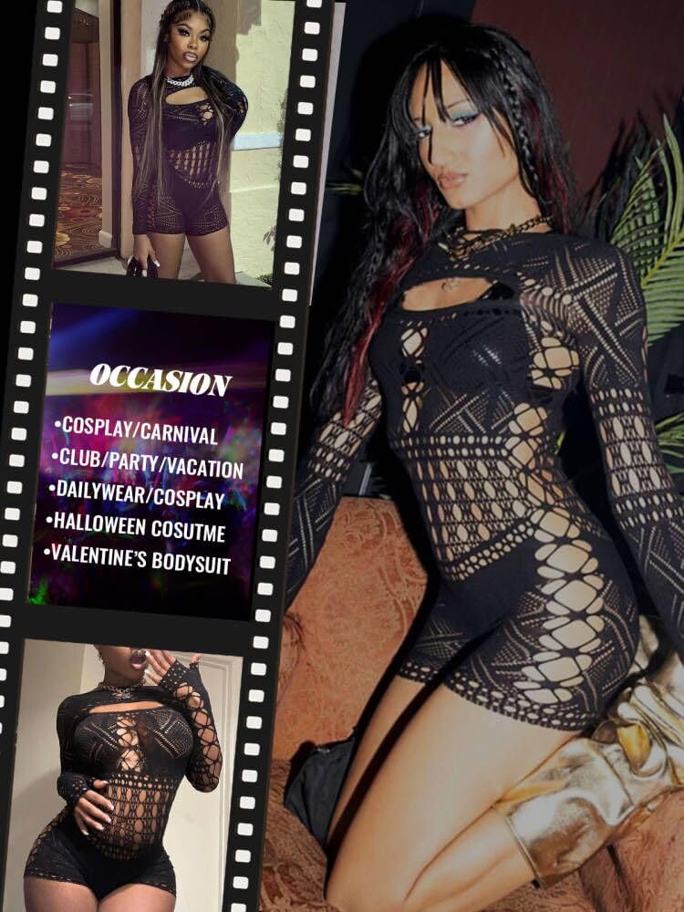 Sesiwadbe Woman Lingerie Bodysuit Fishnet Bodystocking Sexy Tights Bodycon Jumpsuit (Black,M)