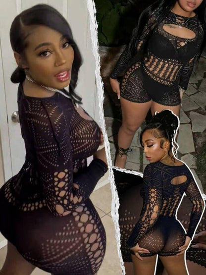Sesiwadbe Woman Lingerie Bodysuit Fishnet Bodystocking Sexy Tights Bodycon Jumpsuit (Black,M)