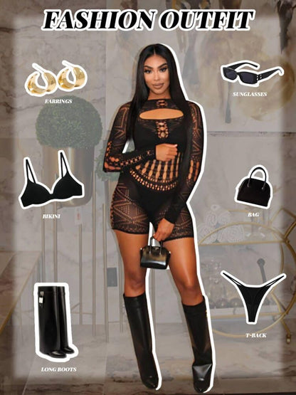 Sesiwadbe Woman Lingerie Bodysuit Fishnet Bodystocking Sexy Tights Bodycon Jumpsuit (Black,M)