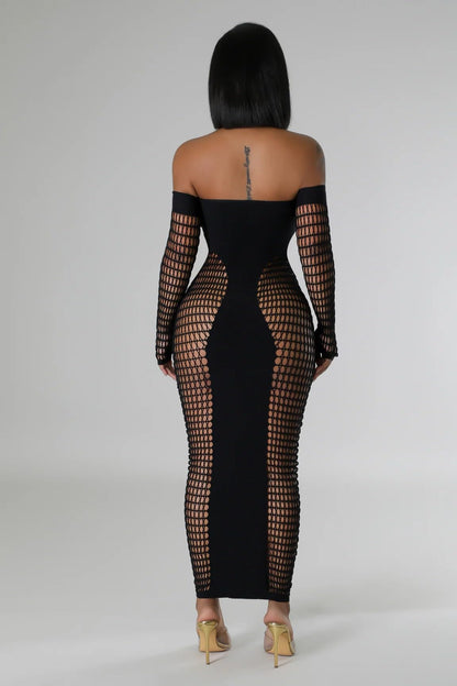 KIZOIEJE Stunning Hollow Out Long Sleeve Bodycon Maxi Dress for Women, Sexy Elegant Mesh Sheer Party Dress for Club(Black - One Size)