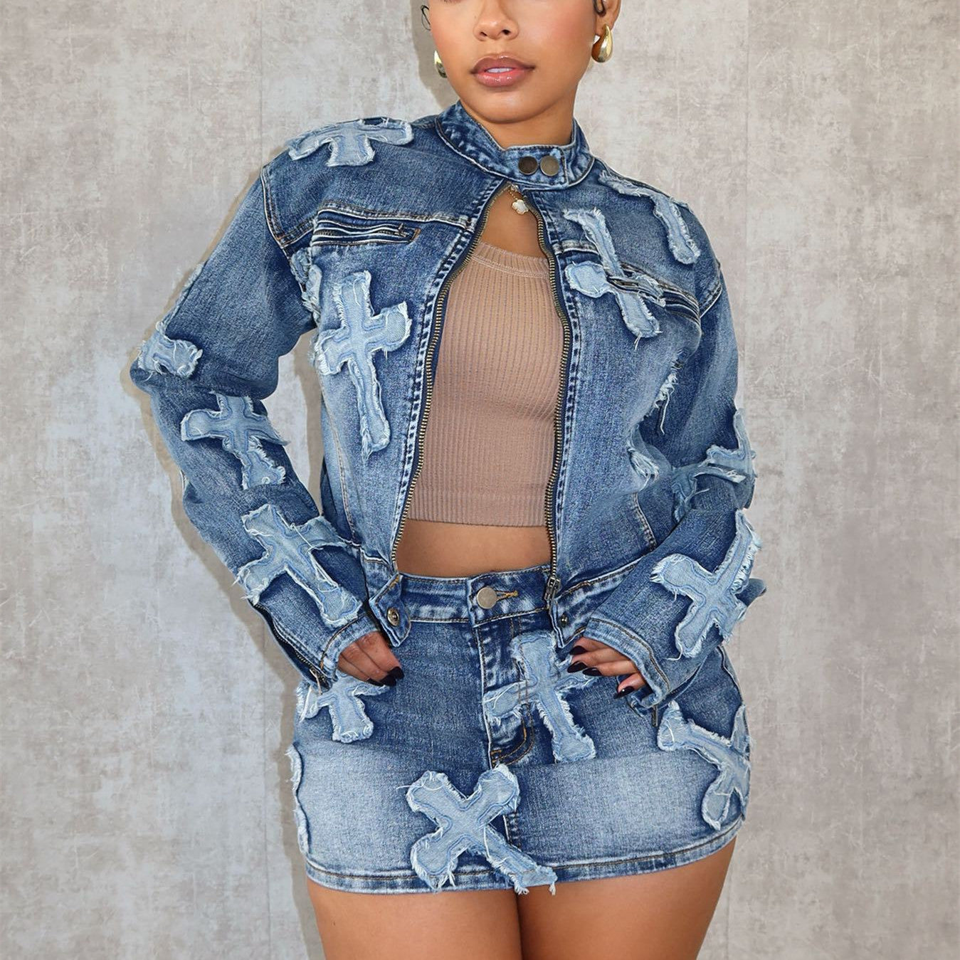 Bad Girl High Level Sexy Real Denim Embroidered Short Skirt Jacket Suit