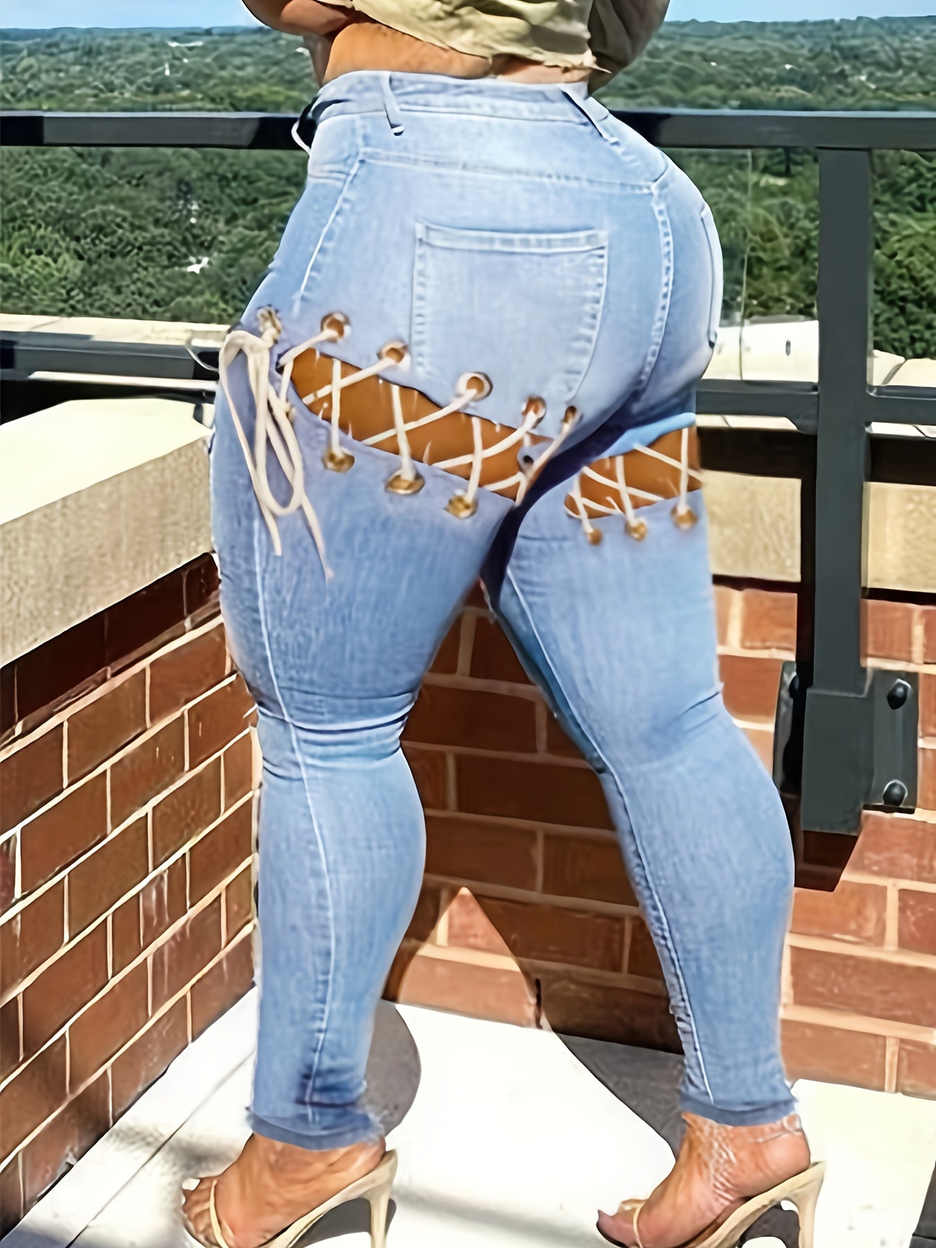 Women's Plus Size Cross Strappy Skinny Jeans Mid Rise Tight Stretch Denim Pants Sexy Cut Out Clubwear