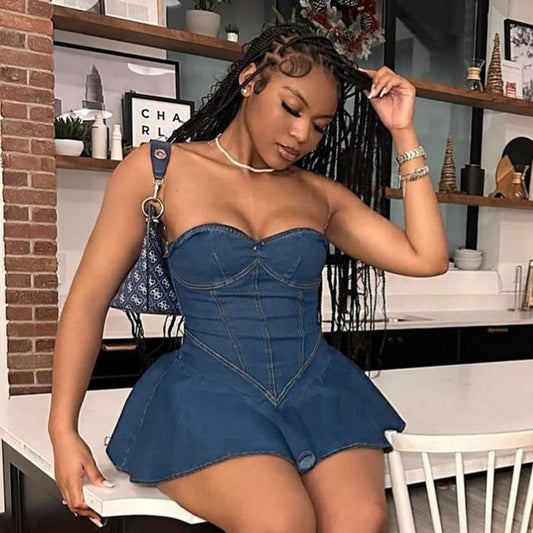 First Date Fashion – Tube Top Denim Dress for Women ☕