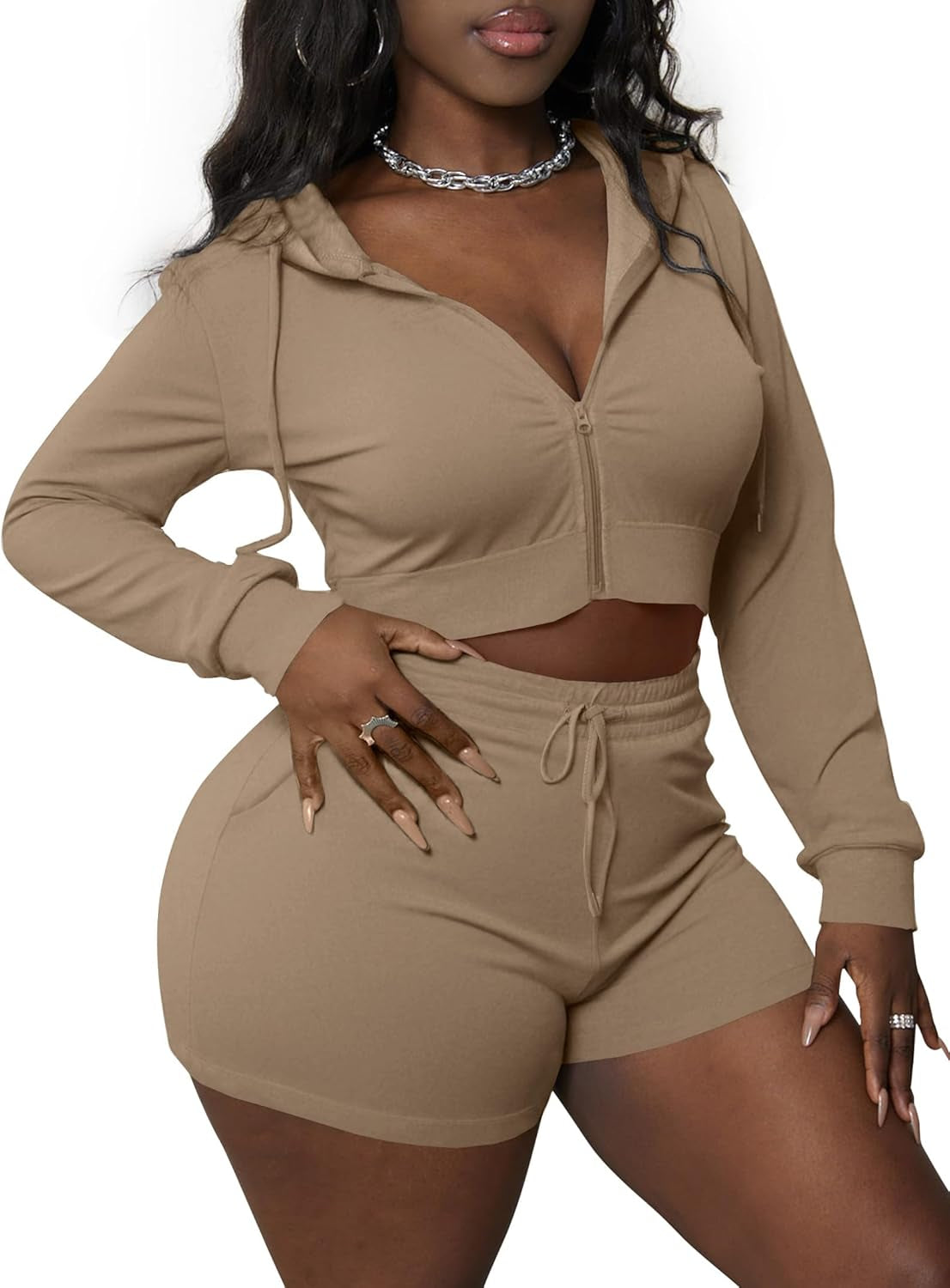 Women 2 Piece Outfits Long Sleeve Crop Zipper Hoodie and Shorts Tracksuit Set