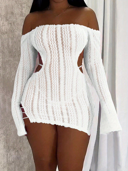 Off-Shoulder / One-Shoulder Long Sleeve Hollow-Out Mini Dress