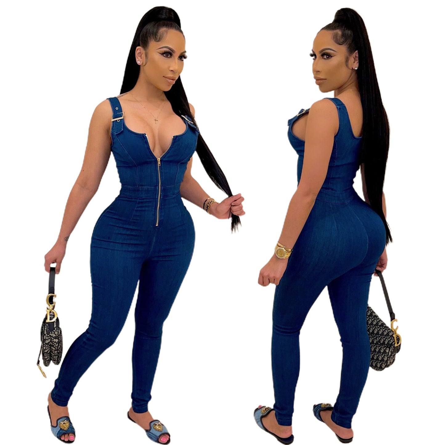Simple But You See Her – High Elastic Denim Overalls Jumpsuit