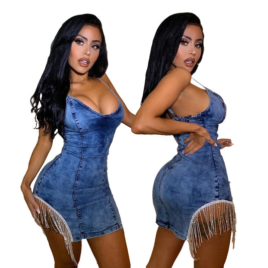 Get Sexy Quick Strap Denim Sequin Dress