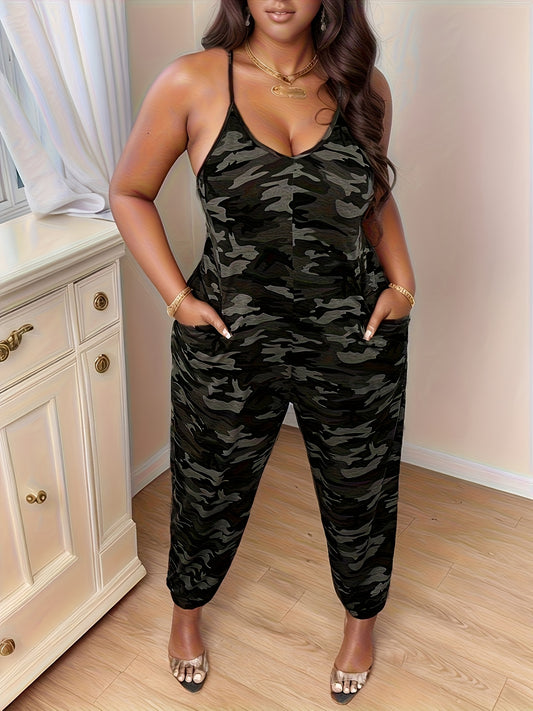 Thick & Sexy Camo V-Neck Jumpsuit with Pockets - Stretchy, Sleeveless, Wide-Leg Design, Black & Brown, Perfect for Street Style, Casual Attire, Casual Attire plus size