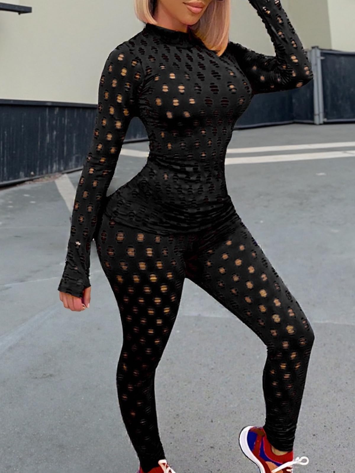 Mojessy Sexy 2 Piece Outfits for Women Clubwear Hollow Out Long Sleeve Crop Top Bodycon Pants Set Birthday Outfits Black L