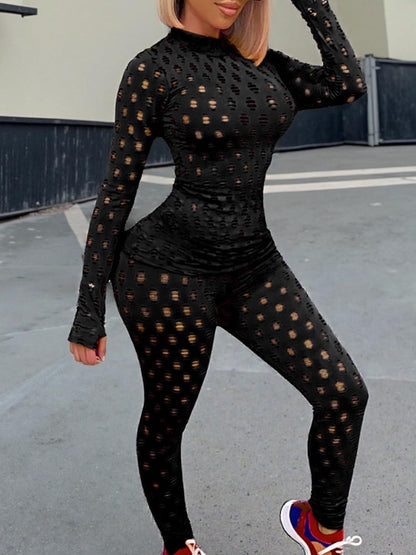 Mojessy Sexy 2 Piece Outfits for Women Clubwear Hollow Out Long Sleeve Crop Top Bodycon Pants Set Birthday Outfits Black L