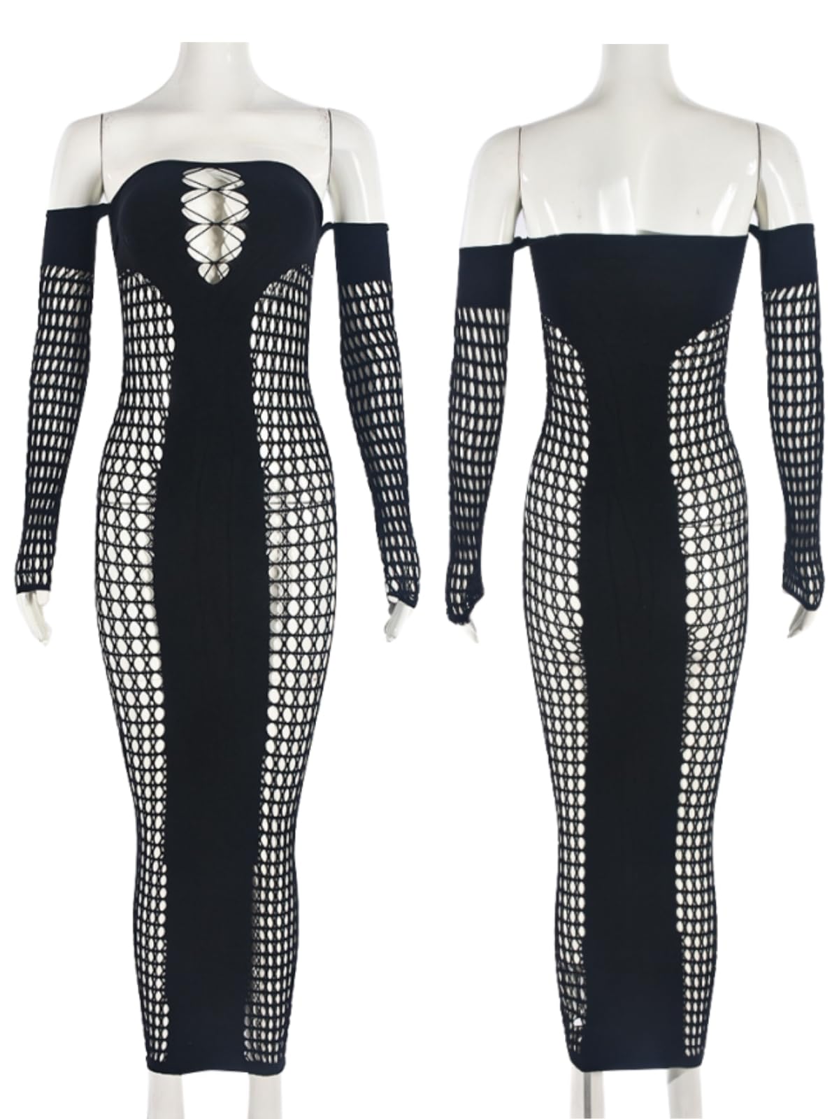 KIZOIEJE Stunning Hollow Out Long Sleeve Bodycon Maxi Dress for Women, Sexy Elegant Mesh Sheer Party Dress for Club(Black - One Size)