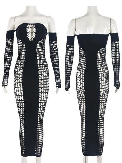 KIZOIEJE Stunning Hollow Out Long Sleeve Bodycon Maxi Dress for Women, Sexy Elegant Mesh Sheer Party Dress for Club(Black - One Size)