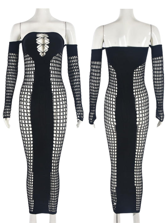 KIZOIEJE Stunning Hollow Out Long Sleeve Bodycon Maxi Dress for Women, Sexy Elegant Mesh Sheer Party Dress for Club(Black - One Size)