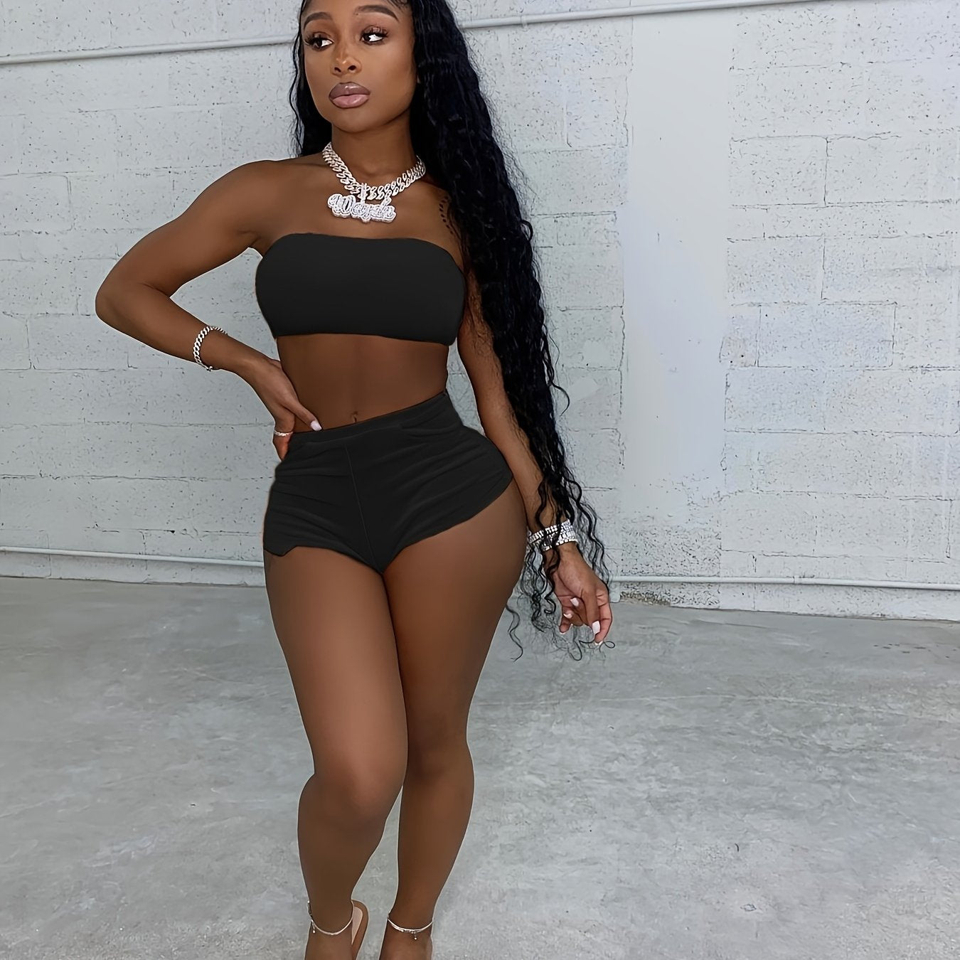 Velvet Strapless Two-Piece Shorts Set – Chic Sexy Solid Color Outfit