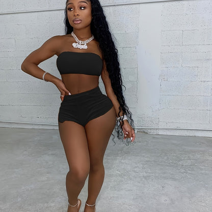 Velvet Strapless Two-Piece Shorts Set – Chic Sexy Solid Color Outfit