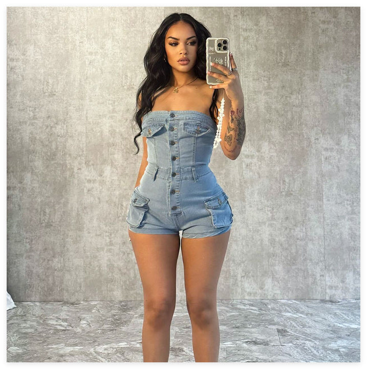 Not Just a Pretty Face – Denim Tube Top Stretch Jumpsuit for Women