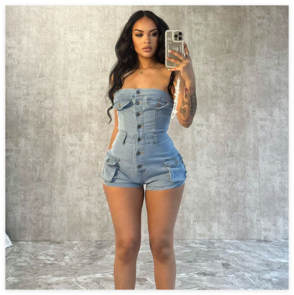 Not Just a Pretty Face – Denim Tube Top Stretch Jumpsuit for Women