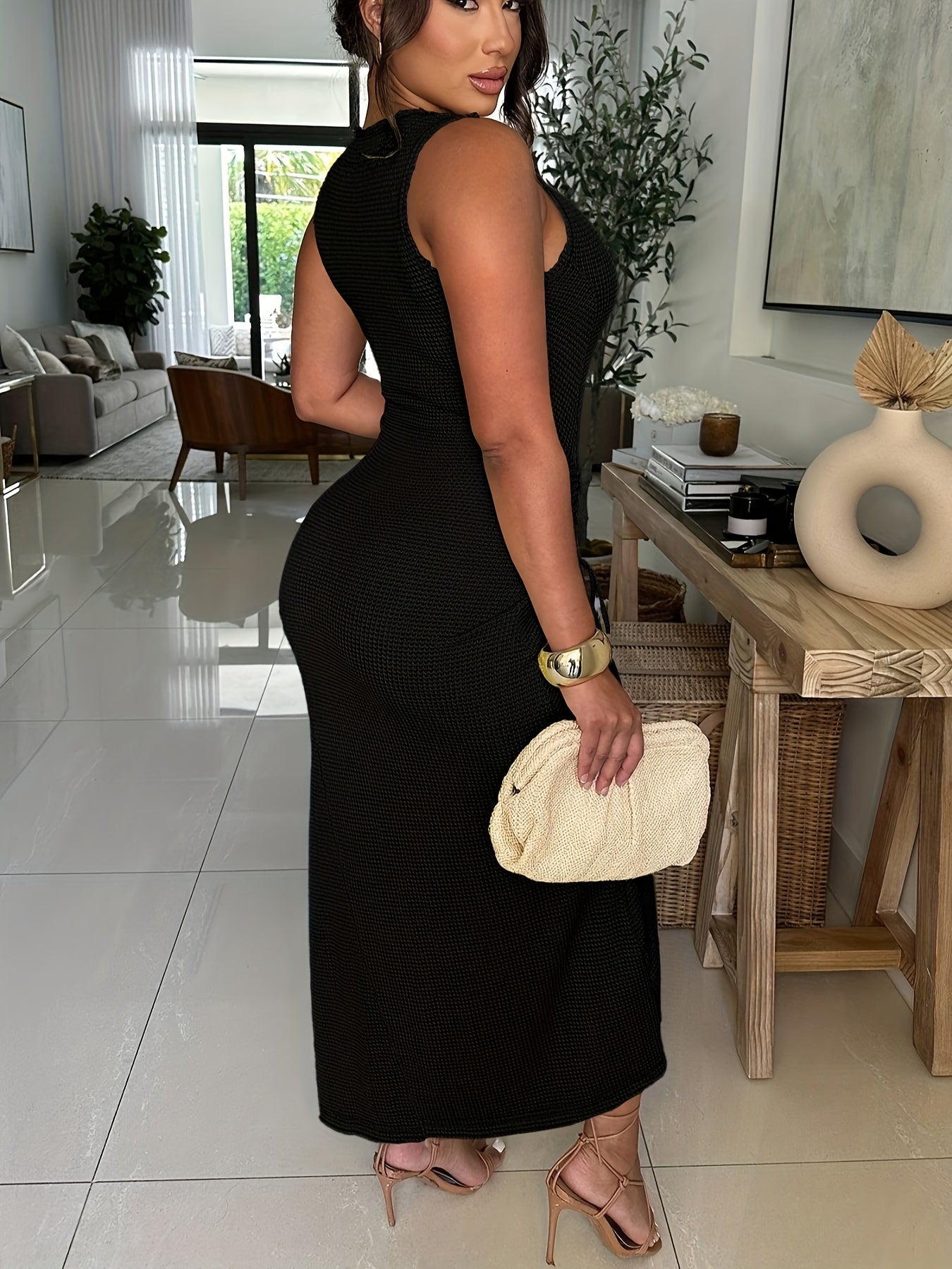 Sexy Secretary Sleeveless Ruched Bodycon Maxi Dress – Thigh-High Slit Cocktail & Club Dress 💼💋