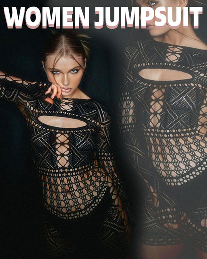 XIUSEMY Woman Lingerie Bodysuit Fishnet Bodystocking Hollow Out Jumpsuit Bodycon Sexy Romper(One Size,001)