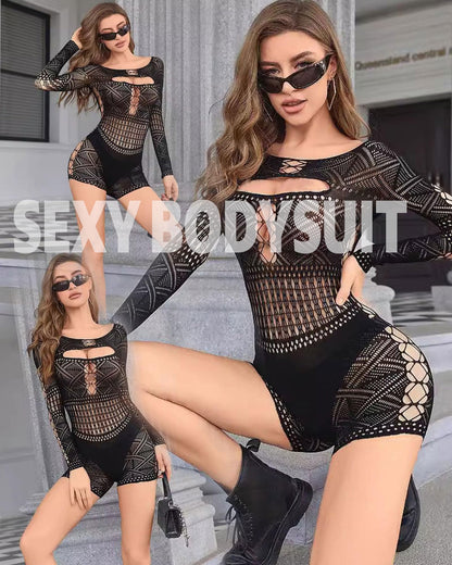 XIUSEMY Woman Lingerie Bodysuit Fishnet Bodystocking Hollow Out Jumpsuit Bodycon Sexy Romper(One Size,001)