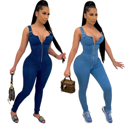 Simple But You See Her – High Elastic Denim Overalls Jumpsuit