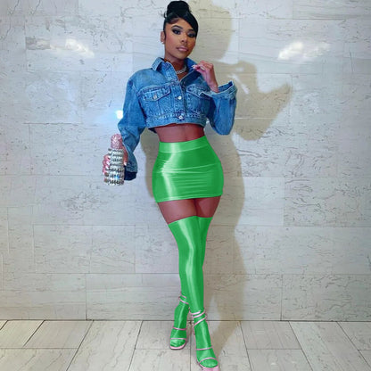 Let HER Shine Pure Color Silk Sexy Tight Hip Skirt &amp; Half Socks Suit 💖🔥