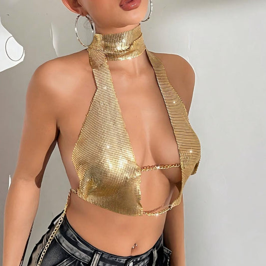 Women's Golden Sequin Halter Neck Tank Top with Suspenders - Sexy Party Clubwear, Form-Fitting Stretchy Glitter Top for Night Out & Festive Events, Festive Attire | Strapless Outfit | Metallic Finish