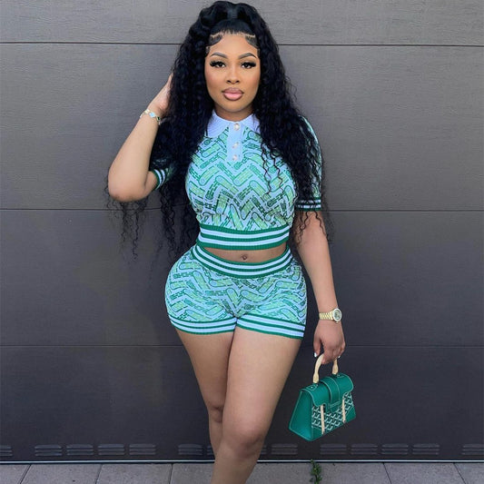 Abstract Retro Thick & Sexy Casual Patchwork Rib Short Sleeve Shorts Set XXXXL