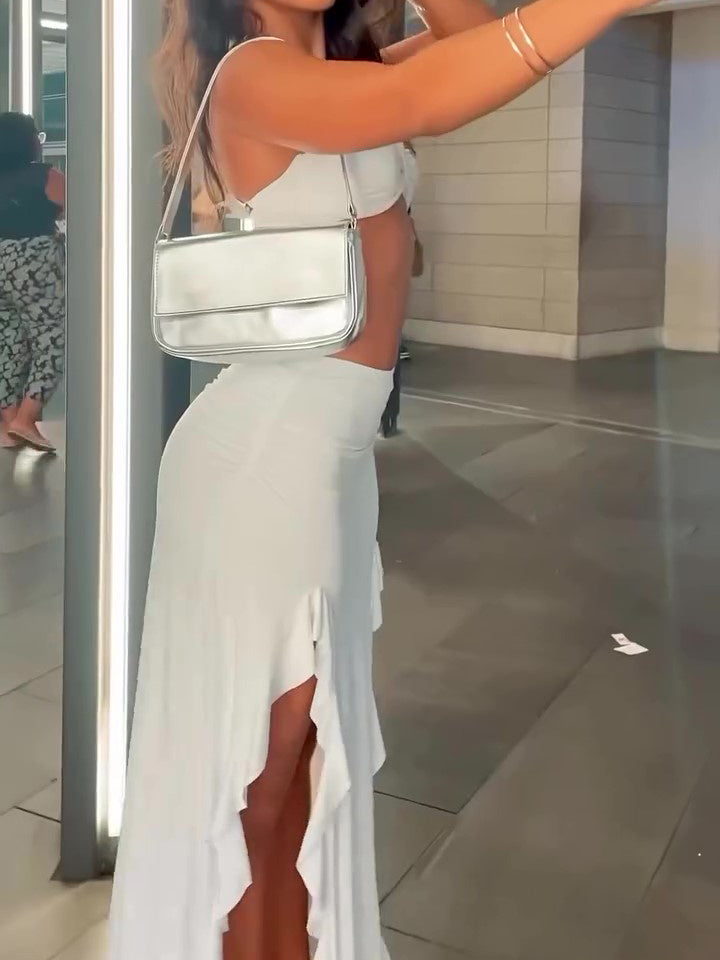 Sexy Island 2-Piece Outfit – Strapless Top & High-Slit Skirt