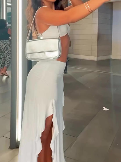 Sexy Island 2-Piece Outfit – Strapless Top & High-Slit Skirt