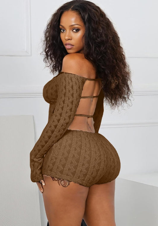 Women'S Sexy Jumpsuit Knit Backless off the Shoulder Romper Bodycon Shorts Jumpsuits See through Club Outfits