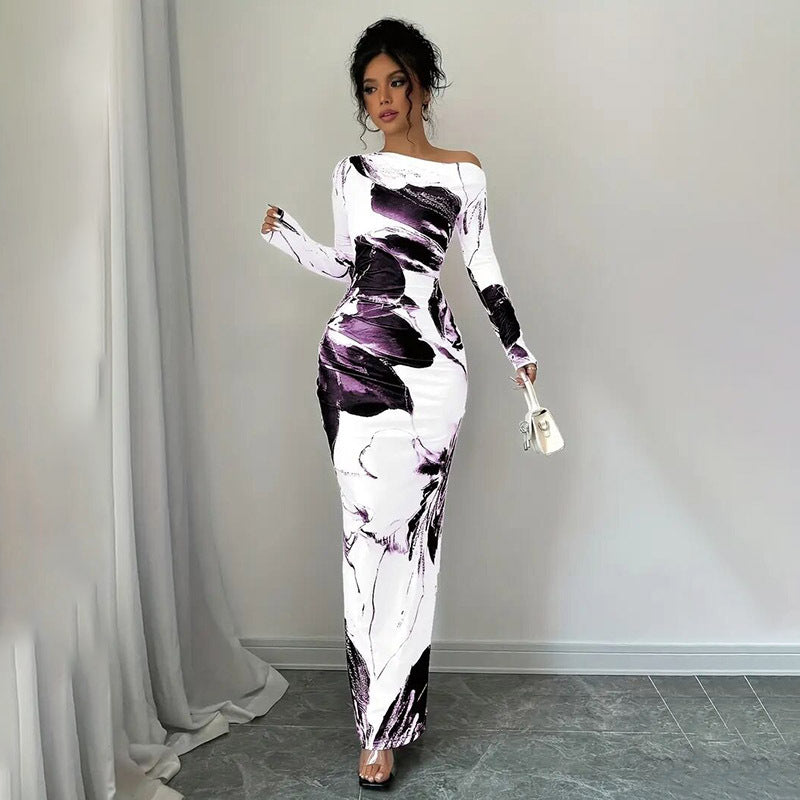 Shine Bright Women's Hip Hugging Elegant Off-Shoulder Tie-Dye Floral Bodycon Dress Stretchy Season Party & Casual Dress