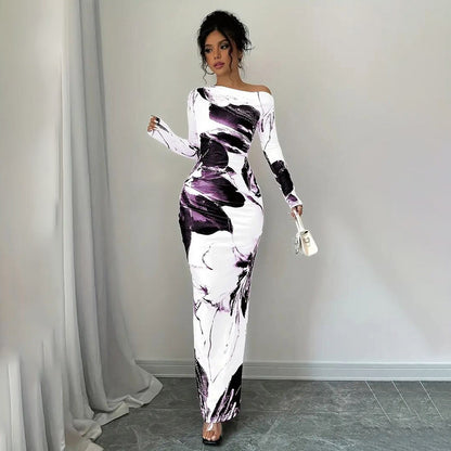 Shine Bright Women's Hip Hugging Elegant Off-Shoulder Tie-Dye Floral Bodycon Dress Stretchy Season Party & Casual Dress