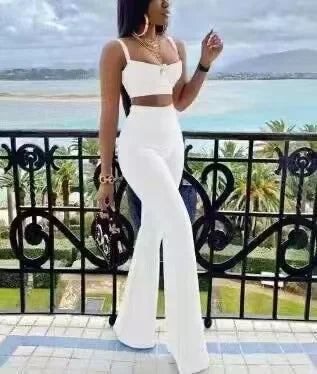 Sexy Low-Cut Bra Top & High-Waist Flare Pants Set – Women’s Bandage Two-Piece Outfit, Elegant Vintage Party Wear