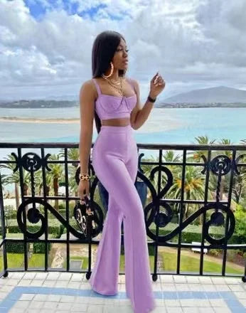 Sexy Low-Cut Bra Top & High-Waist Flare Pants Set – Women’s Bandage Two-Piece Outfit, Elegant Vintage Party Wear