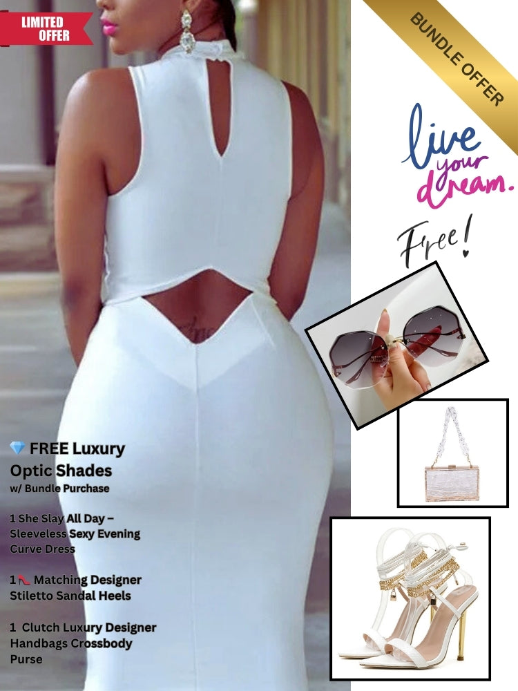 🔥 She Slay All Day Luxury Bundle — Dress + Heels + Designer Handbag + FREE Sunglasses 🔥