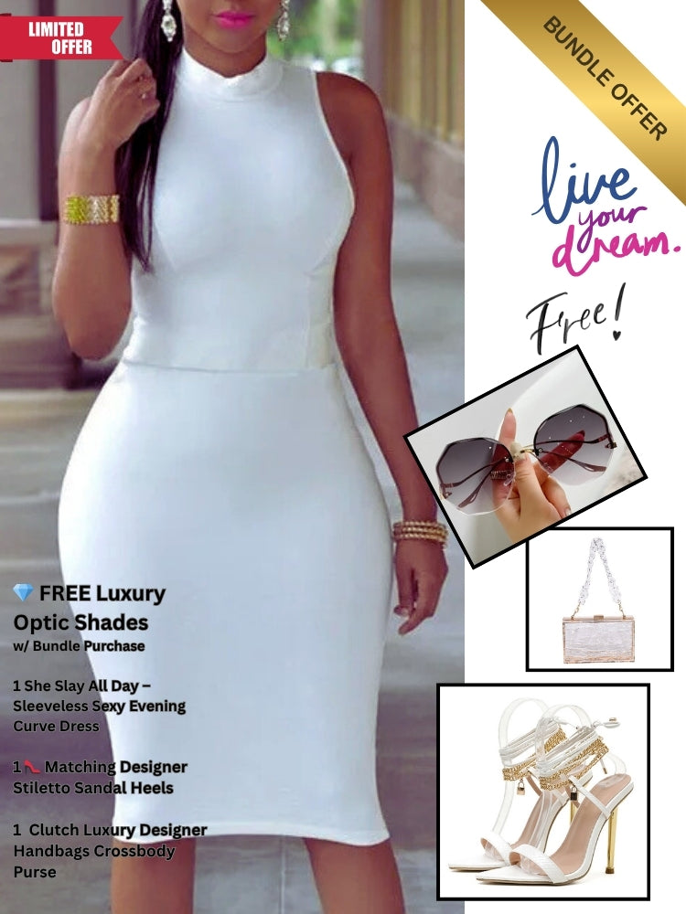 🔥 She Slay All Day Luxury Bundle — Dress + Heels + Designer Handbag + FREE Sunglasses 🔥