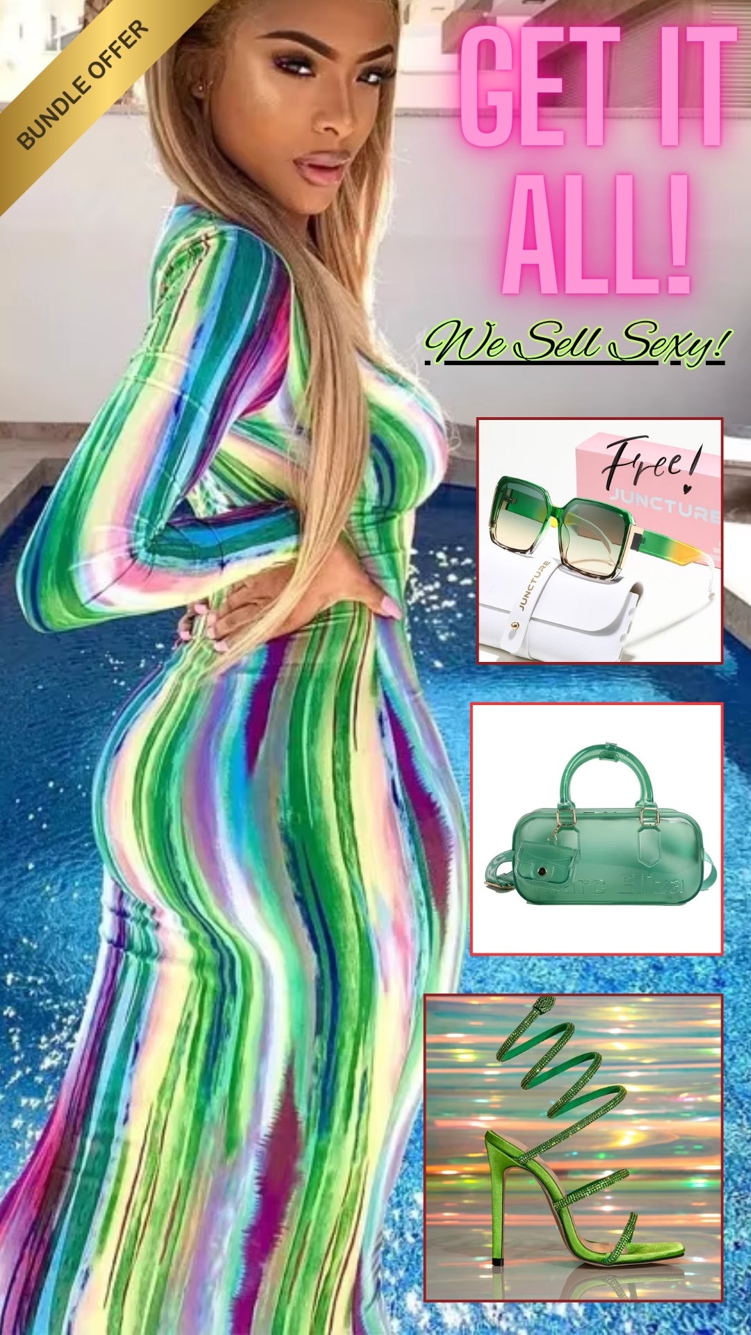 🔥 The Rainbow Bombshell Glow-Up Bundle 🔥 3-Piece Luxury Fit — 1 Price — FREE Sunglasses!