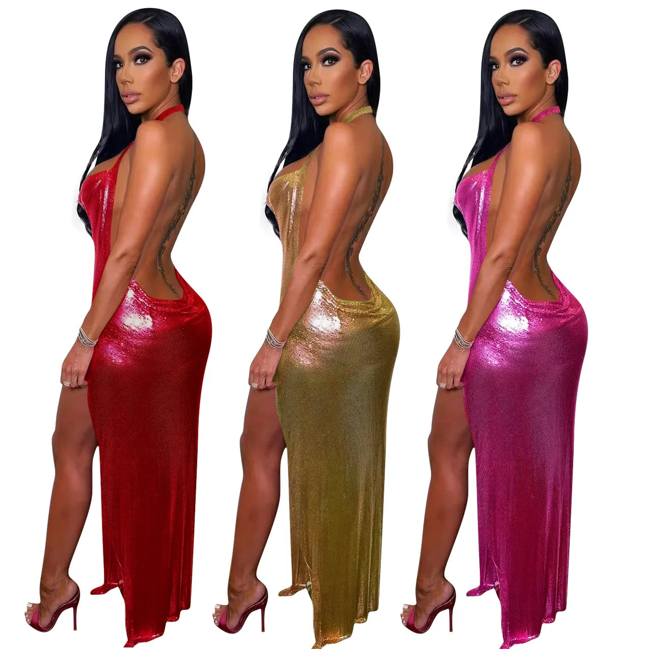✨ She The One – Shiny Backless High-Slit Club Dress ✨