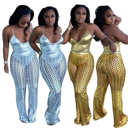 Sexy Party 2 Piece Sets Womens Outfits Clubwear Birthday💃 Matching Sets Bodysuit Top and Hollow Out Wide Leg Pants Suits Trendy