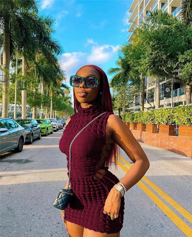 She In Motion 2026 Stunning Stacked Party Mini Dress Women Mock Neck Sleeveless Drawstring Hollow Out Bandage Dresses Clubwear Dress