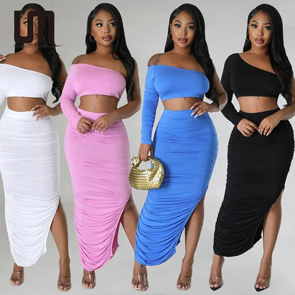 She Not Me One-Shoulder Sleeve Top &amp; Sexy Tight Pleated Irregular Skirt Set 💋🔥