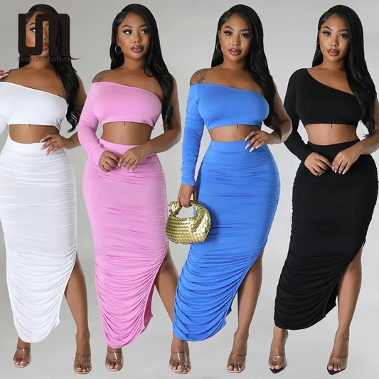 She Not Me One-Shoulder Sleeve Top &amp; Sexy Tight Pleated Irregular Skirt Set 💋🔥