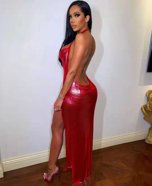 ✨ She The One – Shiny Backless High-Slit Club Dress ✨