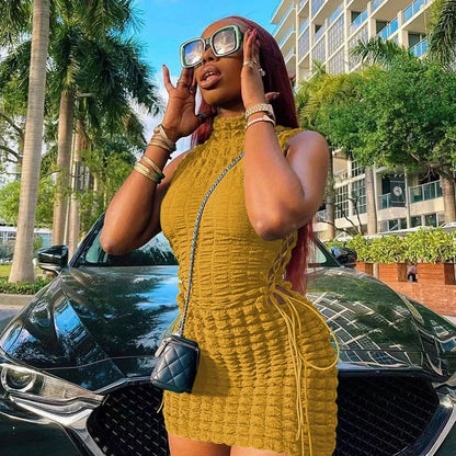 She In Motion 2026 Stunning Stacked Party Mini Dress Women Mock Neck Sleeveless Drawstring Hollow Out Bandage Dresses Clubwear Dress