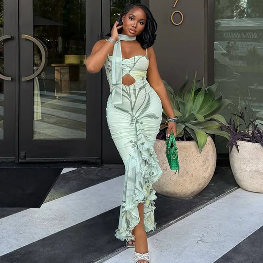 💃 Classy Floral Print Irregular Sling Dress – Sexy Mesh &amp; Ruffle Hem ✨🔥